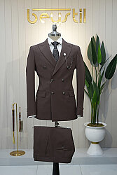 Beystil Sivri Yaka Kahverengi Kruvaze Takım Elbise - Slim Fit - Beystil
