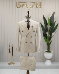 Beystil Sivri Yaka Krem Kruvaze Takım Elbise - Slim Fit - Beystil
