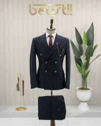 Beystil Sivri Yaka Lacivert Kruvaze Takım Elbise - Slim Fit 