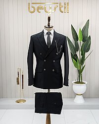 Beystil Sivri Yaka Siyah Kruvaze Takım Elbise - Slim Fit 