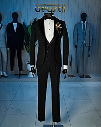 Beystil Siyah Şal Yaka Üzerine Sivri Yaka Damatlık & Smokin Takımı 10001 - Slim Fit - Beystil