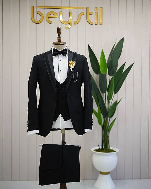 Beystil Erkek Sivri Yaka Siyah Damatlık ve Smokin Takım 10003 - Slim Fit - Beystil