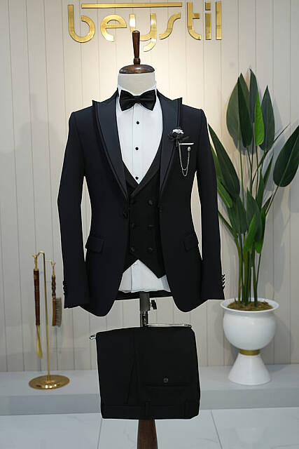 Beystil Erkek Sivri Yaka Siyah Damatlık ve Smokin Takım 10003 - Slim Fit - Beystil