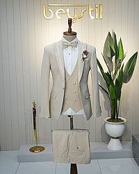 Beystil Erkek Krem Slimfit Yelekli Damatlık & Smokin 20103 - Beystil
