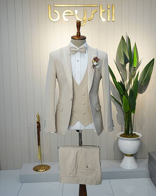 Beystil Erkek Krem Slimfit Yelekli Damatlık & Smokin 20103 - Beystil