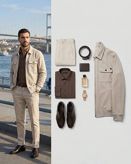 Beystil Erkek Bej Slim Fit Gömlek Yaka Fermuarlı Hırka 2442 - Beystil