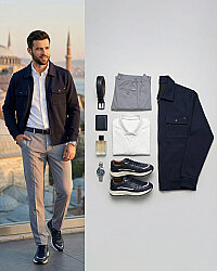 Beystil Erkek Lacivert Slim Fit Gömlek Yaka Fermuarlı Hırka 2442 