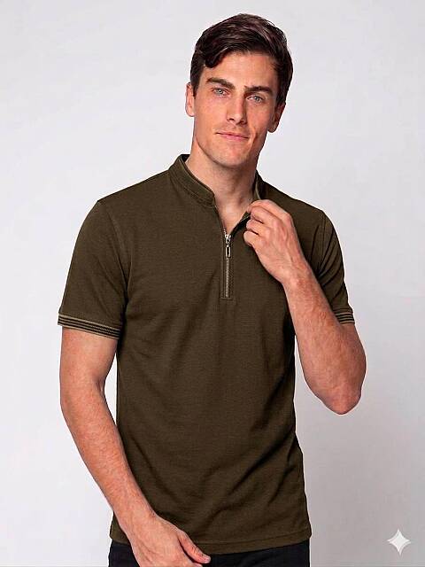 Beystil Erkek Kahve Slim Fit Yarım Fermuarlı T-Şhirt 263463 - Beystil