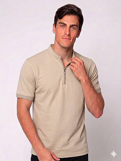 Beystil Erkek Koyu Bej Slim Fit Yarım Fermuarlı T-Şhirt 263463 - Beystil