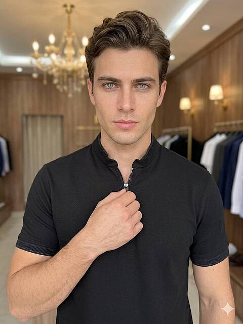 Beystil Erkek Siyah Slim Fit Yarım Fermuarlı T-Şhirt 263463 - Beystil