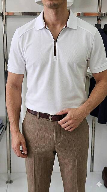 Beystil Erkek Beyaz Slim Fit Yarım Fermuarlı T-Shirt 263471 - 