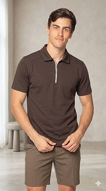 Beystil Erkek Kahve Slim Fit Yarım Fermuarlı T-Şhirt 263471 - Beystil