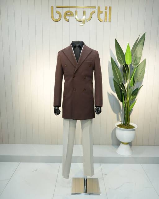 Beystil Sivri Yaka Kiremit Kruvaze Kaşe Kaban 4056 - Slim Fit - 