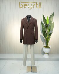 Beystil Sivri Yaka Kiremit Kruvaze Kaşe Kaban 4056 - Slim Fit - Beystil