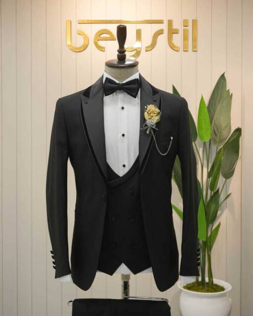 Beystil Şal Yaka Üzerine Sivri Yaka Siyah Damatlık & Smokin Takım 446- Slim Fit - 