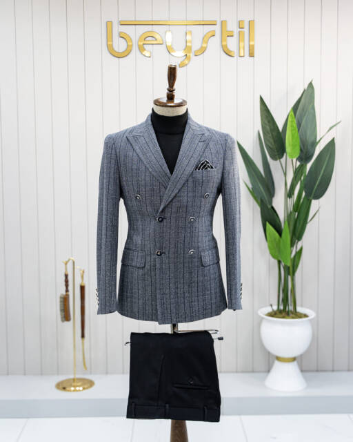 Beystil Sivri Yaka Lacivert Çizgili Kruvaze Ceket 52731 - Slim Fit - Beystil