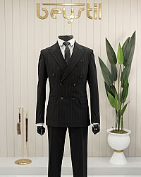 Beystil Sivri Yaka Siyah Çizgili Kruvaze Takım Elbise 53151 - Slim Fit - Beystil