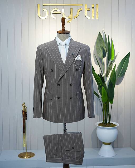 Beystil Sivri Yaka Vizon Çizgili Kruvaze Takım Elbise 53151 - Slim Fit - Beystil