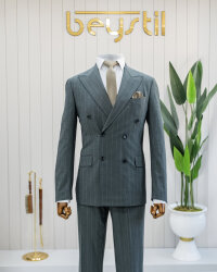 Beystil Sivri Yaka Yeşil Çizgili Kruvaze Takım Elbise 53151 - Slim Fit 