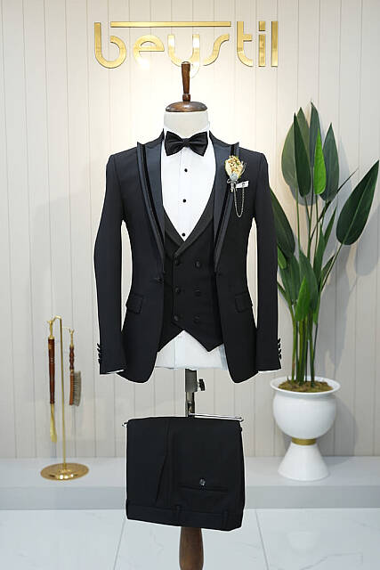 Beystil Erkek Siyah Slimfit Yelekli Damatlık & Smokin 76016 - Beystil