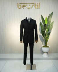 Beystil Hakim Yaka Siyah Yün Karışımlı Kaşe Kaban 9007- Slim Fit 
