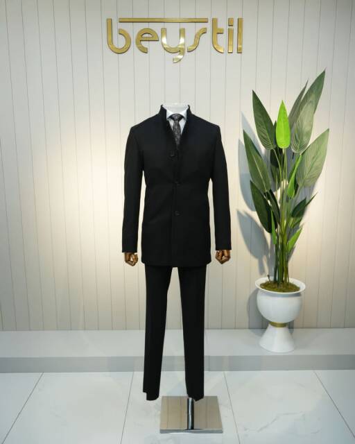 Beystil Hakim Yaka Siyah Yün Karışımlı Kaşe Kaban 9007- Slim Fit - Beystil