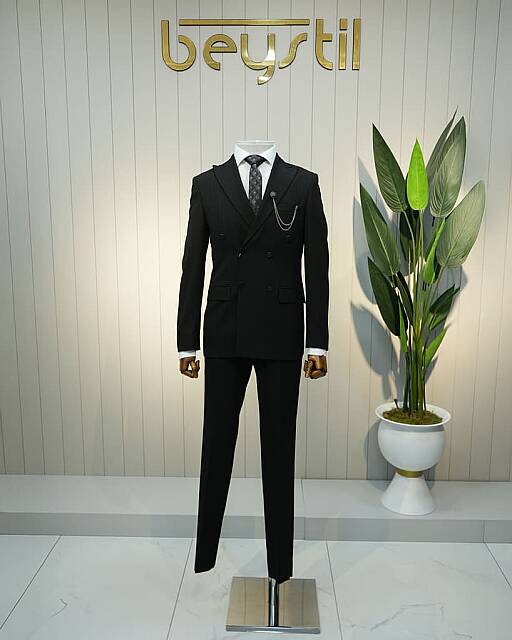 Beystil Sivri Yaka Siyah Çizgili Kruvaze Takım Elbise Alança- Slim Fit - Beystil