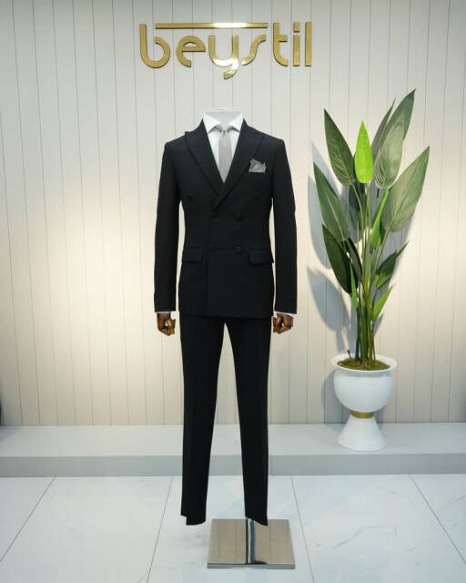 Beystil Sivri Yaka Siyah Çizgili Kruvaze Takım Elbise Alança- Slim Fit - Beystil