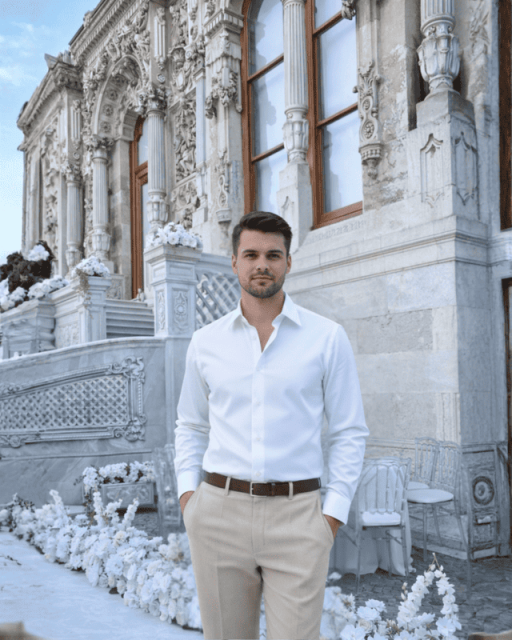 Beystil Slim Fit Beyaz Saten Gömlek - Beystil