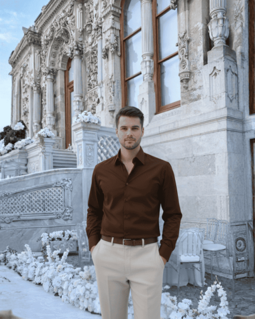 Beystil Slim Fit Kahve Saten Gömlek - 