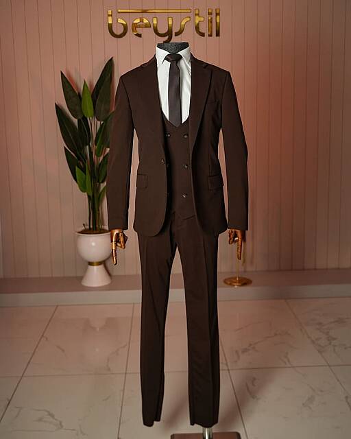 Beystil Kahverengi Mono Yaka Takım Elbise Nikol - Slim Fit - Beystil
