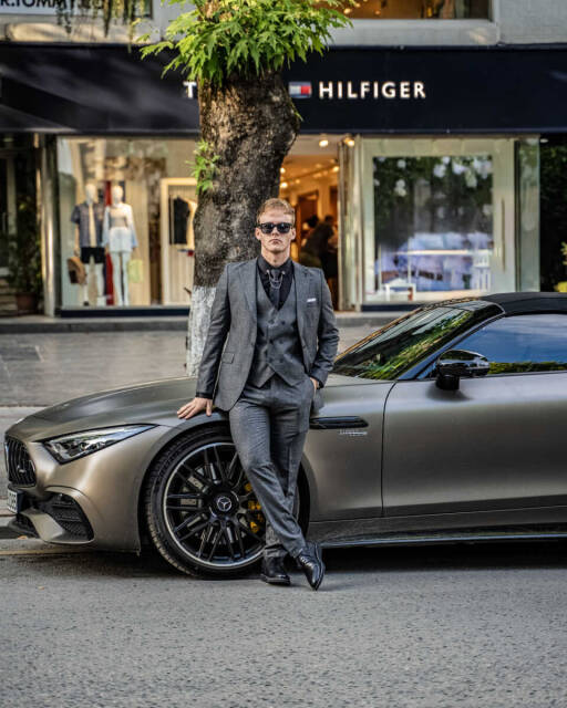 Beystil Sivri Yaka Gri Takım Elbise Bezayak - Slim Fit - 