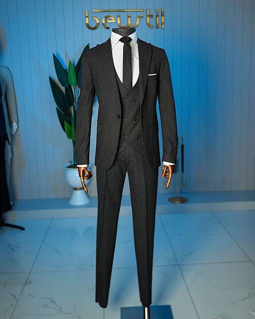 Beystil Sivri Yaka Siyah Takım Elbise Bezayak - Slim Fit - Beystil