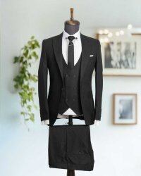 Beystil Sivri Yaka Siyah Takım Elbise Bezayak - Slim Fit - Beystil