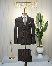 Beystil Sivri Yaka Kahverengi Çizgili Kruvaze Takım Elbise Bezayak - Slim Fit - Beystil