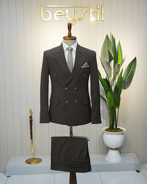 Beystil Sivri Yaka Kahverengi Çizgili Kruvaze Takım Elbise Bezayak - Slim Fit - Beystil