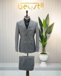 Beystil Sivri Yaka Gri Çizgili Kruvaze Takım Elbise Bezayak036- Slim Fit - Beystil