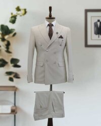 Beystil Sivri Yaka Krem Çizgili Kruvaze Takım Bezayak036 - Slim Fit - Beystil