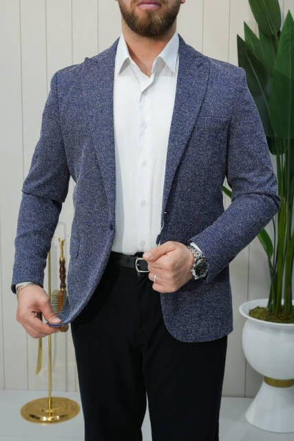Beystil Sivri Yaka Kırçıllı Lacivert Blazer Ceket Britanya - Slim Fit - Beystil