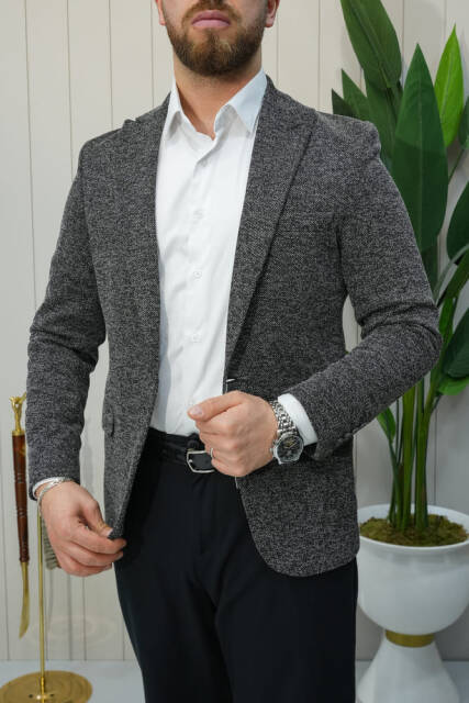 Beystil Sivri Yaka Kırçıllı Siyah Blazer Ceket Britanya -Slim Fit - Beystil