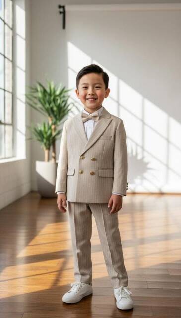 Beystil Sivri Yaka Krem Çizgili Çocuk Kruvaze Elbise - Slim Fit - Beystil