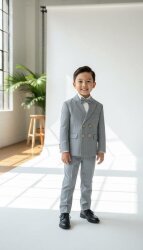 Beystil Sivri Yaka Gri Çizgili Çocuk Kruvaze Elbise - Slim Fit 