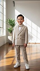 Beystil Sivri Yaka Krem Çizgili Çocuk Kruvaze Elbise - Slim Fit - Beystil