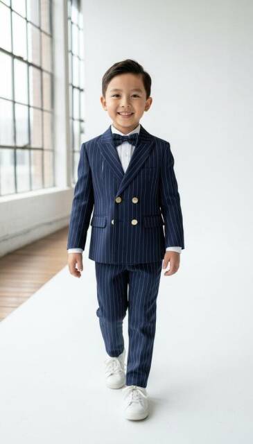 Beystil Sivri Yaka Lacivert Çizgili Çocuk Kruvaze Elbise - Slim Fit - 