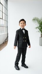 Beystil Sivri Yaka Siyah Çizgili Çocuk Kruvaze Elbise - Slim Fit 