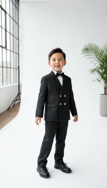 Beystil Sivri Yaka Siyah Çizgili Çocuk Kruvaze Elbise - Slim Fit - 