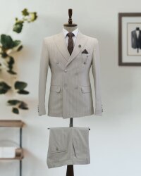 Full Set SlimFit Krem Çizgili Kruvaze Takım Elbise Bezayak 