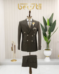 Beystil Sivri Yaka Haki Çizgili Kruvaze Takım Elbise- Slim Fit - Beystil