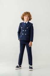 Beystil Sivri Yaka Lacivert Çocuk Kruvaze Takım Elbise Set -Slim Fit - Beystil