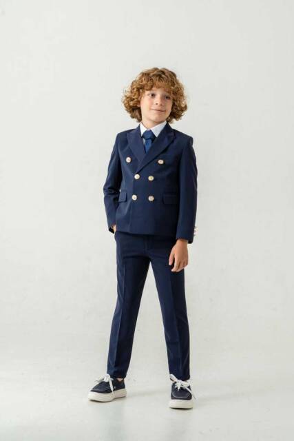 Beystil Sivri Yaka Lacivert Çocuk Kruvaze Takım Elbise Set -Slim Fit - Beystil